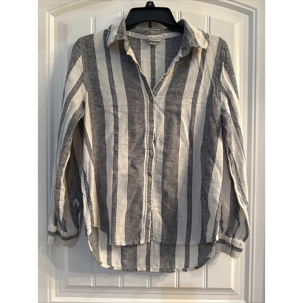 Orvis Classic Button Up Linen Rayon Long Sleeve Shirt Woman's S Navy Stripe